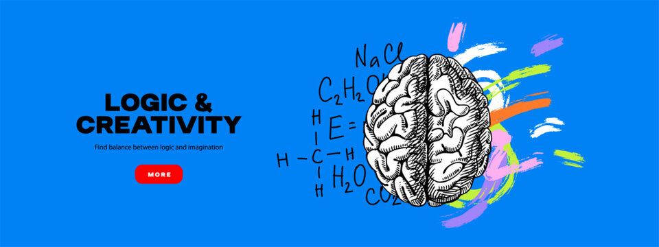 Modern trendy collage of hand drawn brain, left and right hemispheres. Chemical formulas, colorful brush strokes, creativity and science concept. Vector isolated illustration.