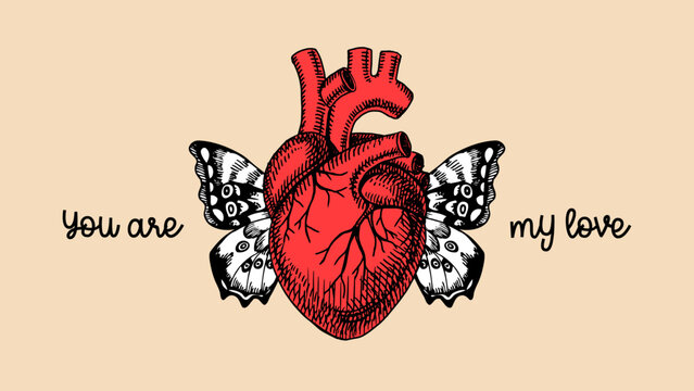 Happy Valentine's Day banner. Anatomical sketch realistic human heart with butterfly wings. Wedding invitation, tattoo design. Vector hand drawn isolated illustration.
