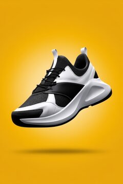Premium black and white sports shoes floating on yellow background photo.