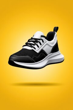 Premium black and white sports shoes floating on yellow background photo.