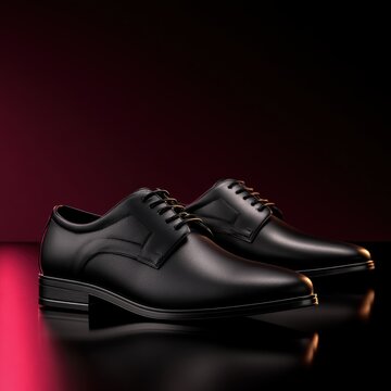 Premium black leather shoes pair on dark red background photo.