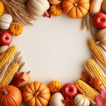 Happy Thanksgiving and Autumn Background with Fruit, Pumpkin and Grains Harvest Top View Photo.