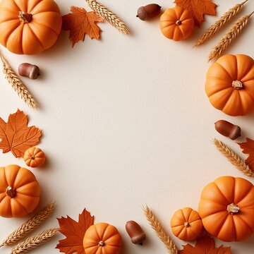 Happy Thanksgiving Background Decoration with Pumpkin, Wheat and Autumn Leaves Top View Photo.