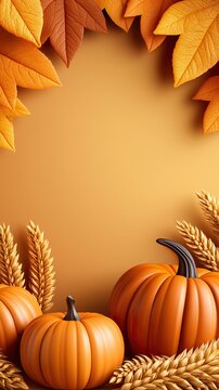 A beautifully arranged Thanksgiving and autumn harvest pumpkins, candle, wheat and leaves on golden background top view photo.