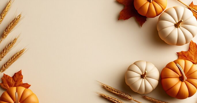 Happy Thanksgiving Background Decoration with Pumpkin, Wheat and Autumn Leaves Top View Photo.