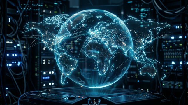 A glowing holographic world map representing a vpn connection floats above a server room console surrounded by glowing cables, data centers, and advanced technology equipment