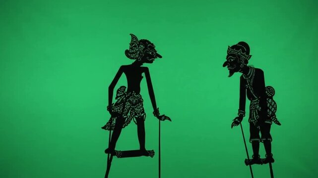 Traditional Javanese wayang kulit shadow puppets facing each other on green screen