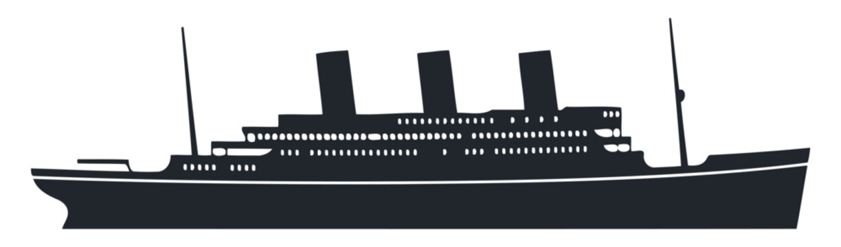 Silhouette of a large passenger cruise ship or ocean liner with three smokestacks, representing travel, maritime transport, luxury voyages, and nautical exploration in a clean graphic style