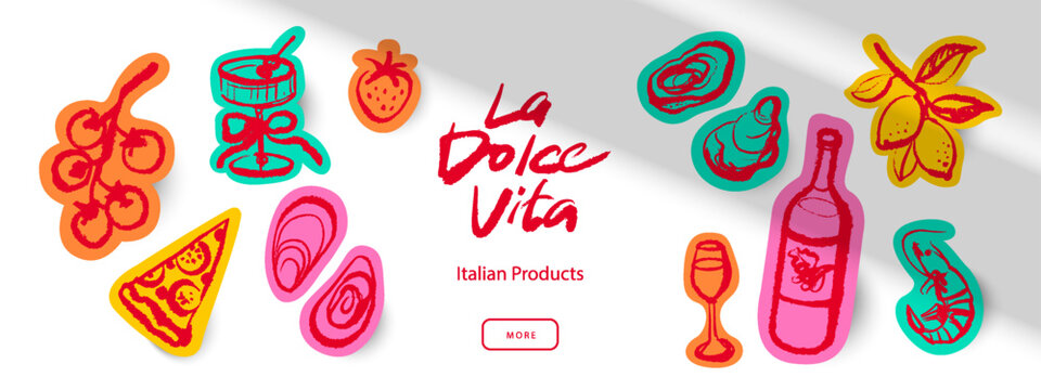 Hand drawn sketch vacation sticker background. Dolce vita tropical summer vibe. Vintage Italy Mediterranean coastal collection. Vector isolated crayon illustration