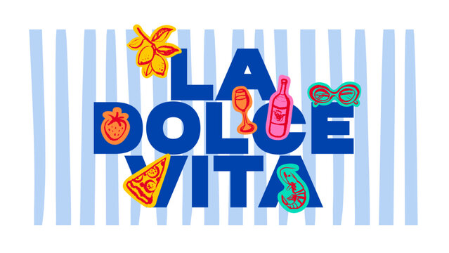 Hand drawn sketch vacation sticker background. Dolce vita tropical summer vibe. Vintage Italy Mediterranean coastal collection. Vector isolated crayon illustration