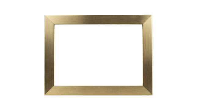 Empty rectangular gold picture frame with brushed metallic finish, beveled edges and elegant minimalist design isolated for artwork presentation, photography displays and interior decoration