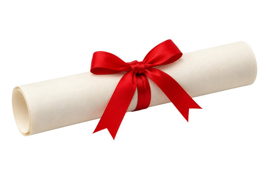 Rolled blank diploma certificate tied with elegant red satin ribbon bow, traditional parchment scroll isolated on transparent background for graduation ceremonies and academic achievements