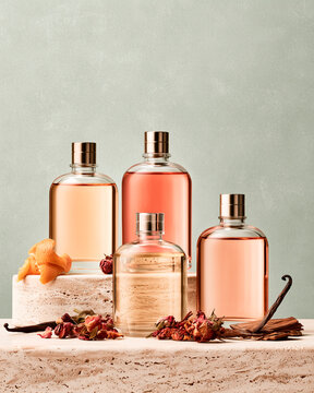 Luxury Perfume Layering Still Life with Botanical Ingredients