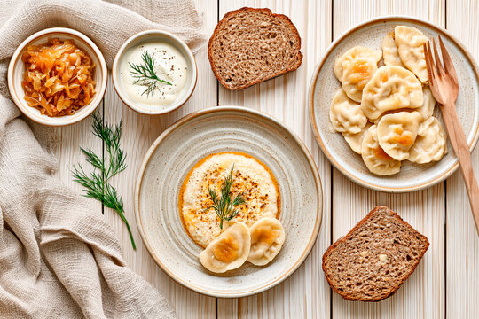 Traditional Ukrainian Varenyky with Sour Cream and Caramelized Onions