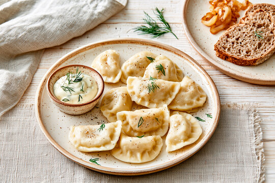 Traditional Ukrainian Varenyky with Sour Cream and Caramelized Onions