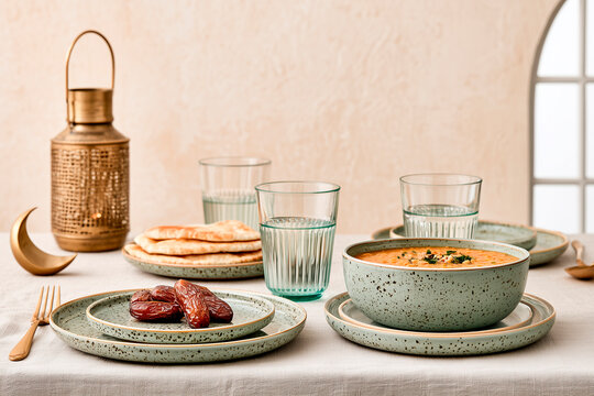 Elegant Ramadan Iftar Table with Dates and Traditional Middle Eastern Food