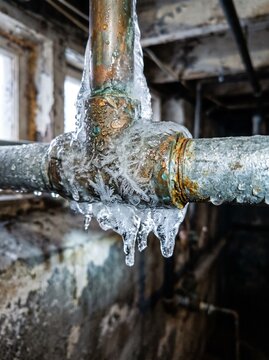 Frozen water pipes in an old basement with icy buildup  