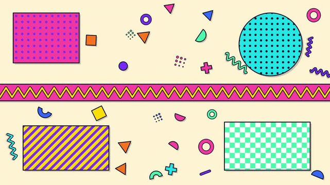 Retro memphis geometric elements combine polka dots, lines, and abstract shapes, bringing playful vintage energy to posters, packaging, and branding.