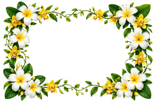 White plumeria and yellow orchid floral frame with glossy tropical leaves and delicate buds, rectangular botanical border for summer invitations and resort designs