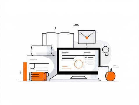 modern minimalist  illustration of a workspace desk with a laptop documents book envelope and coffee cup in clean line art