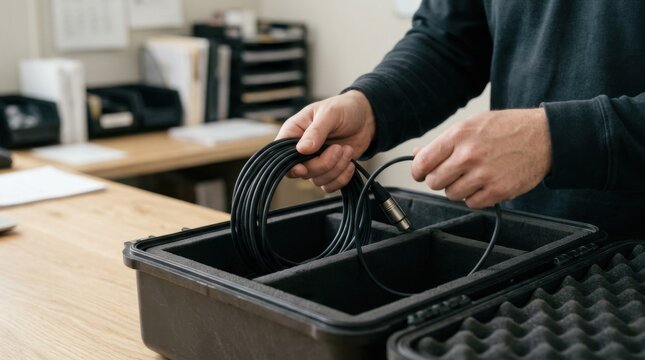 Man hands organizing audio cables into a protective case with foam inserts in an office setting