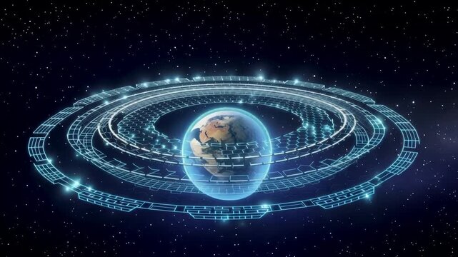 Glowing digital Earth surrounded by expanding concentric hexagonal networks in starry space, futuristic global technology and interconnected world animation