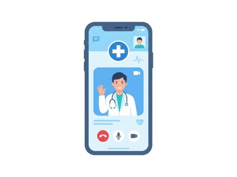 Doctor talking on a video call app on a mobile phone