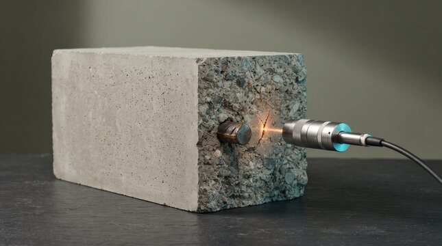Precision laser sensor scanning internal structural steel rebar inside concrete block representing non destructive testing and civil engineering inspection
