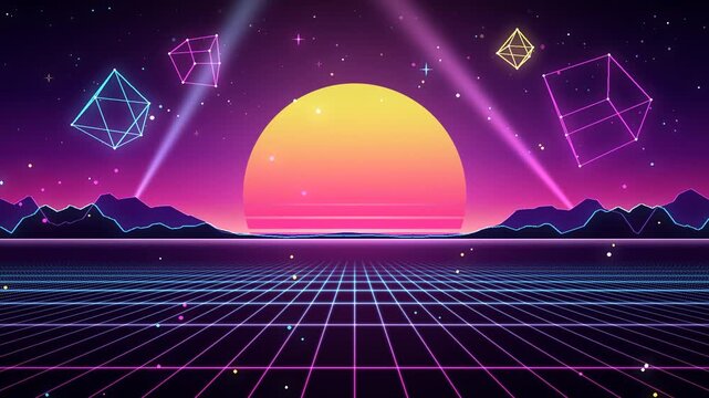  Looping background video, retro-neon style with a striped sunset sun, a glowing grid floor scrolling toward you, mountain silhouettes, spinning wireframe shapes, sweeping searchlights