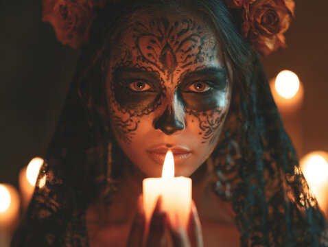 Mysterious woman with traditional sugar skull makeup holding a glowing candle in atmospheric lighting celebrating dia de los muertos festival with floral headpiece and black lace veil mystery portrait