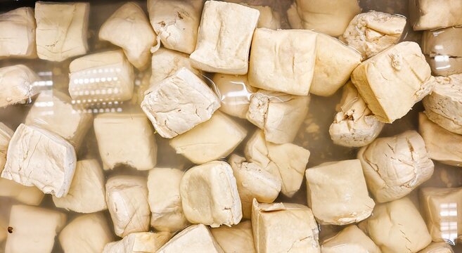 Raw tofu is a cheap and protein food sold in the market. Fresh Tofu Blocks Soaking in Water - Soybean Food Ingredient for Vegan and Vegetarian Cooking