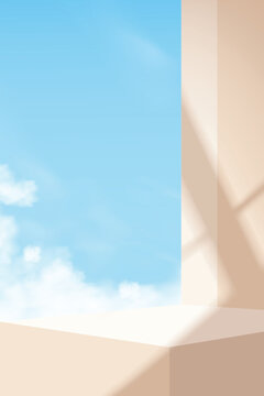 Sky blue cloud background with beige podium platform, soft sunlight and shadow, Minimal vector product display scene for spring summer promotion, advertising banner, mockup and presentation design.