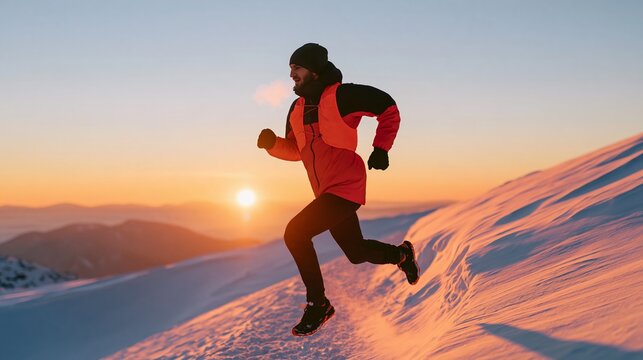 Trail runner in black and neon orange winter clothing moving across a snowy mountain slope at sunset with distant ridges and illuminated textured snow outdoors