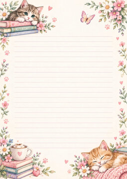 Cute watercolor kittens, books, flowers and cup of cocoa decorate a lined writing paper. Perfect for notes, letters, or stationery designs. Pastel colors, cozy and whimsical style.