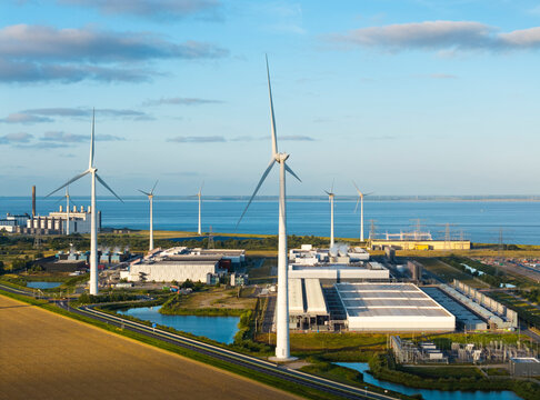 Aerial view shows a data center and wind turbines in Eemshaven