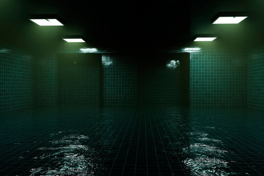 A dark futuristic tiled interior features reflective water and walls