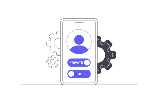Account Settings Mobile Profile Privacy and Switch Toggle Controls. Smartphone Screen Displaying User Profile Avatar Private Public Toggle Switches and Settings Gear. Flat Cartoon Vector Illustration