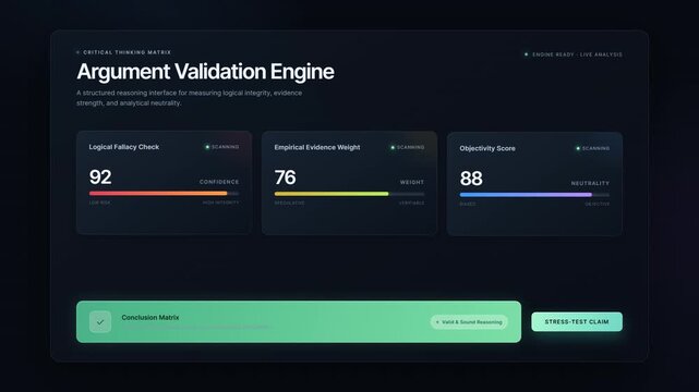 Argument Validation Engine UI dashboard featuring critical thinking metrics, logical fallacy check, and objectivity scores for data analysis and fact checking.