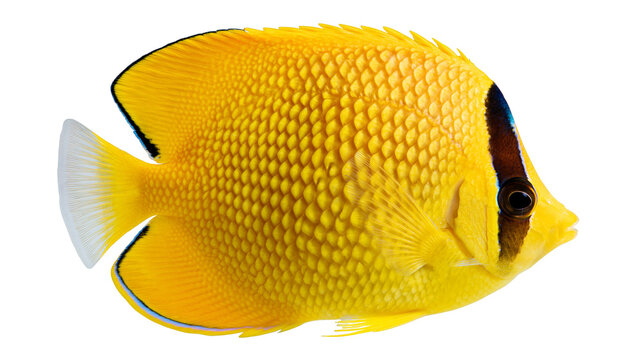 Bright yellow butterflyfish with black eye stripe and translucent tail fin