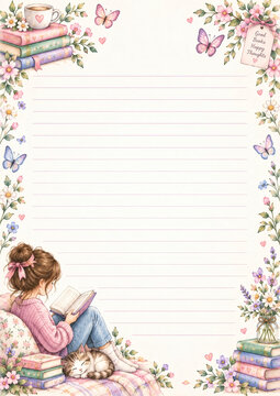 Cozy stationery page with a girl reading on a sofa, cute cat, pastel books, spring flowers and butterflies. Perfect for journaling, letters, notes, or invitations.