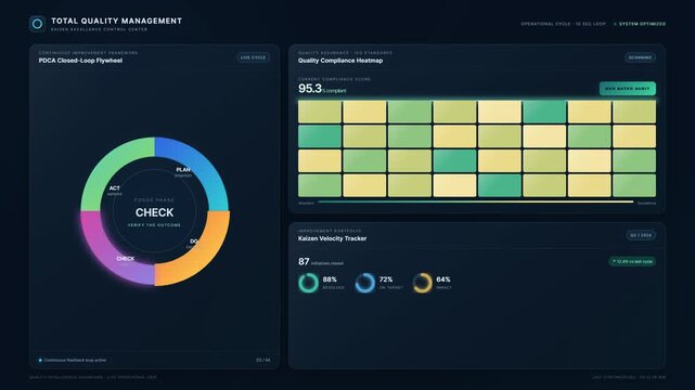 Total Quality Management Dashboard with Animated PDCA Cycle and Kaizen Process Improvement Data Visualization for Business Efficiency and Quality Control