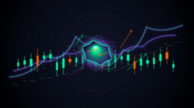 Animated Stock Market Trading Candlestick Chart with Neon Trend Lines and Data Analysis Graphics. Professional Financial Dashboard for Investment, Forex, and Crypto Trading Concepts.