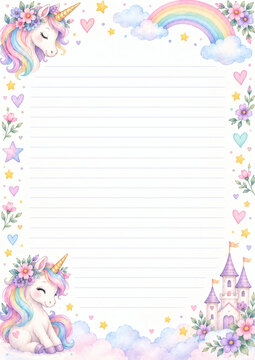 Cute unicorn themed letter paper with pastel rainbow, castle, stars, clouds, flowers and hearts. Perfect for kids, invitations, stationery or notes.