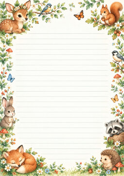 Cute woodland animals and birds in watercolor style frame lined paper. Perfect for kids, letter writing, invitations, scrapbooking, and stationery design.