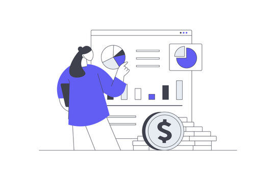 Financial Statement Audit and Corporate Revenue Analytics Report. Pointing at Business Financial Dashboard Screen with Pie Charts Bar Graphs and Dollar Coins. Flat Cartoon Vector Illustration, icon 