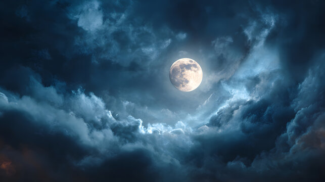 Full moon illuminating a dark, cloudy night sky with dense blue fog. Halloween background , nighttime ambiance, lunar light concept, gothic aesthetic, eerie atmosphere.