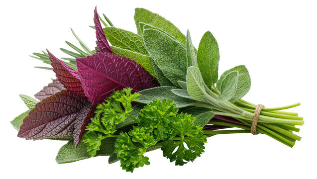 Fresh bundle of sage purple perilla, curly parsley and rosemary herbs