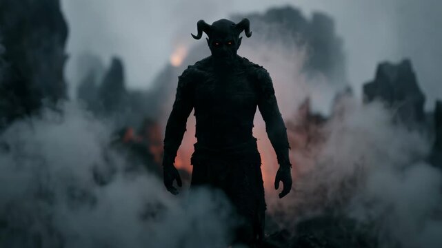 Horned demon walking through smoking volcanic rocks. Silhouette of monstrous creature approaching camera in dark hellscape. Halloween horror and nightmare concept.