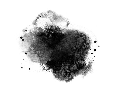 Abstract ink blob, grunge art. Black paint stroke texture in marble style. Wallpaper design. Hand drawn watercolor isolated illustration on transparent background