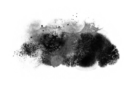 Abstract ink blob, grunge art. Black paint stroke texture in marble style. Wallpaper design. Hand drawn watercolor isolated illustration on transparent background